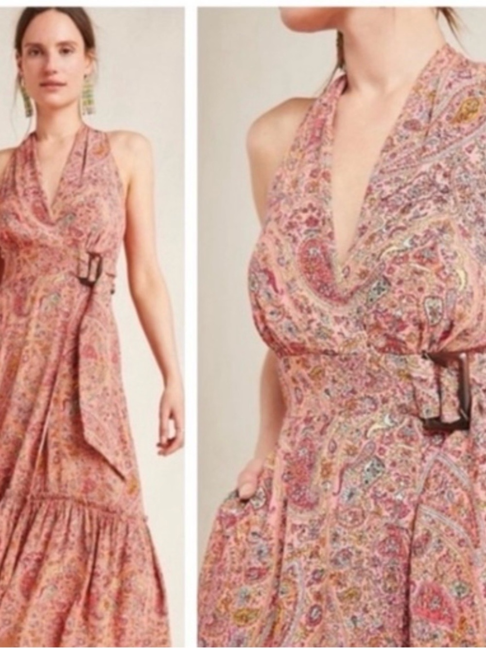 Anthropologie Pink Paisley Halter Maxi Dress with Buckle Waist